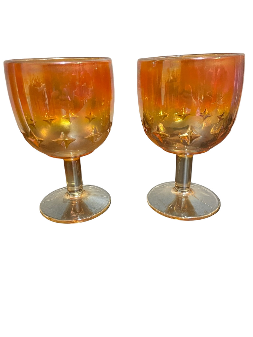 Two Vintage Indiana Glass Marigold Iridescent Starburst Goblets